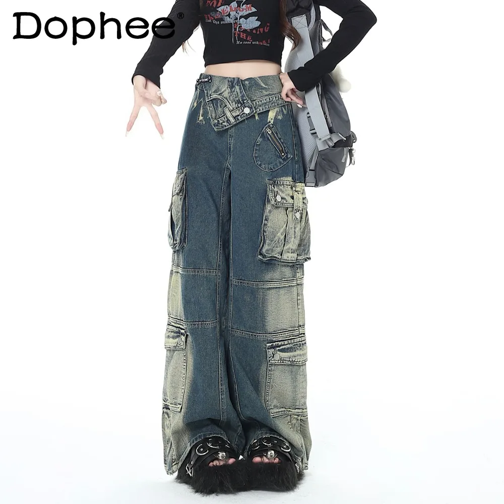 

Новинка, американская популярная рабочая одежда в стиле ретро для девушек, широкие свободные джинсы с множеством карманов и широкими штанинами, джинсовые брюки на осень и зиму