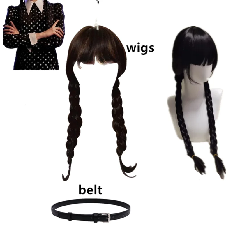 Wednesday Girl Accessories Kids Long Black Double Braided Wigs Belt for 3-10 Years Children Halloween Carnival Props Party