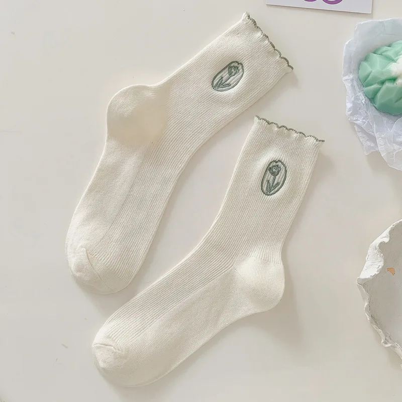 10 Pairs Tulip Flower Embroidery Women Socks New Fashion Frilly Solid Color Cute Kawaii Socks For Girls Harajuku 2023 New