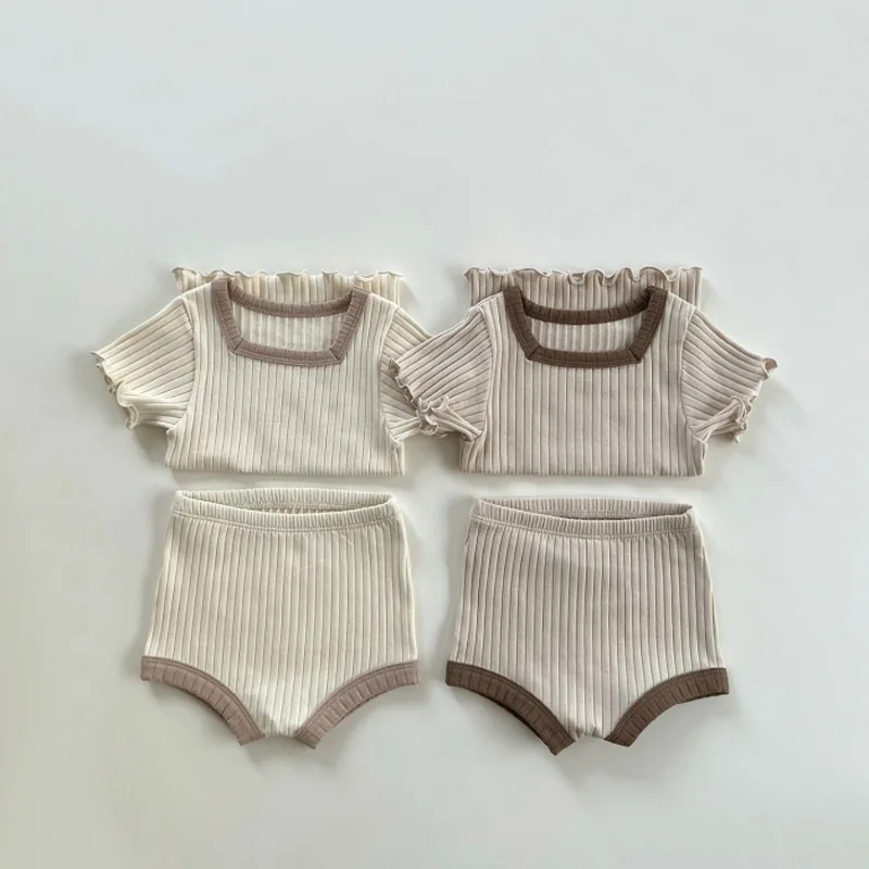 

Cotton Casual Summer Baby Boys Girls Outfits Suit Ribbed Knitted Short Sleeve T-shirts Tops+Shorts 2Pcs Baby Infant Pajamas Set