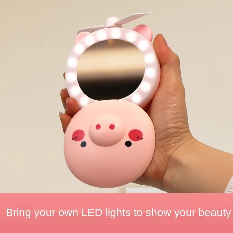 

3in1 Cartoon Cute Piggy Mini Cosmetic Mirror Compact Portable Pocket Makeup Mirrors Cooling Fan Light Handheld USB Rechargeable