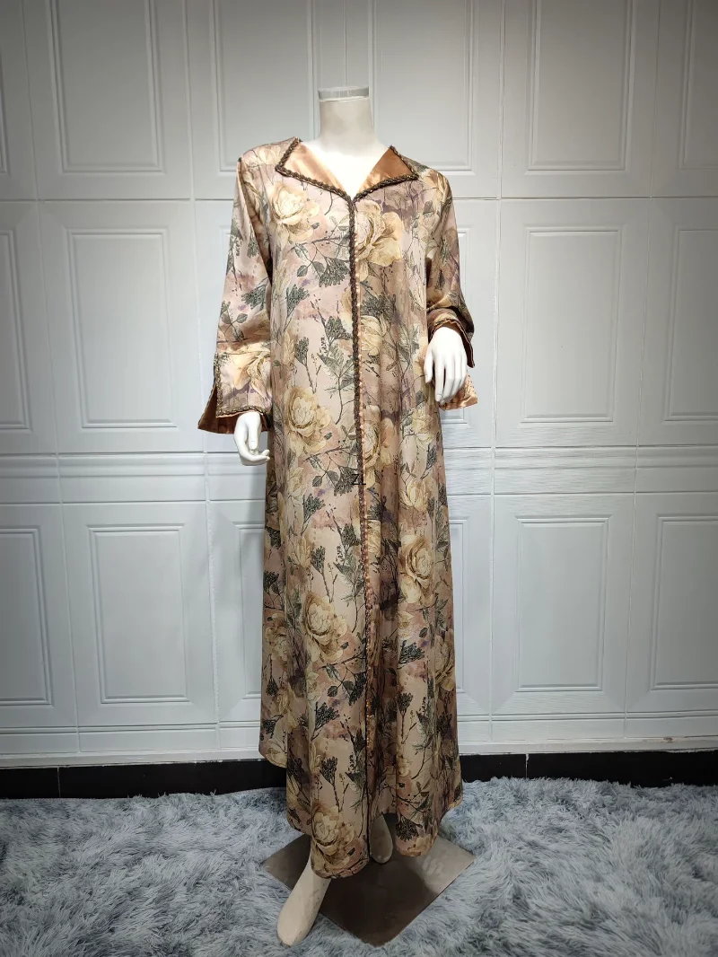 Elegant Casual Modest Dress Abaya Dubai Luxury Diamonds Lapel Collar Retro Floral Print Muslim Women's Dresses 2023