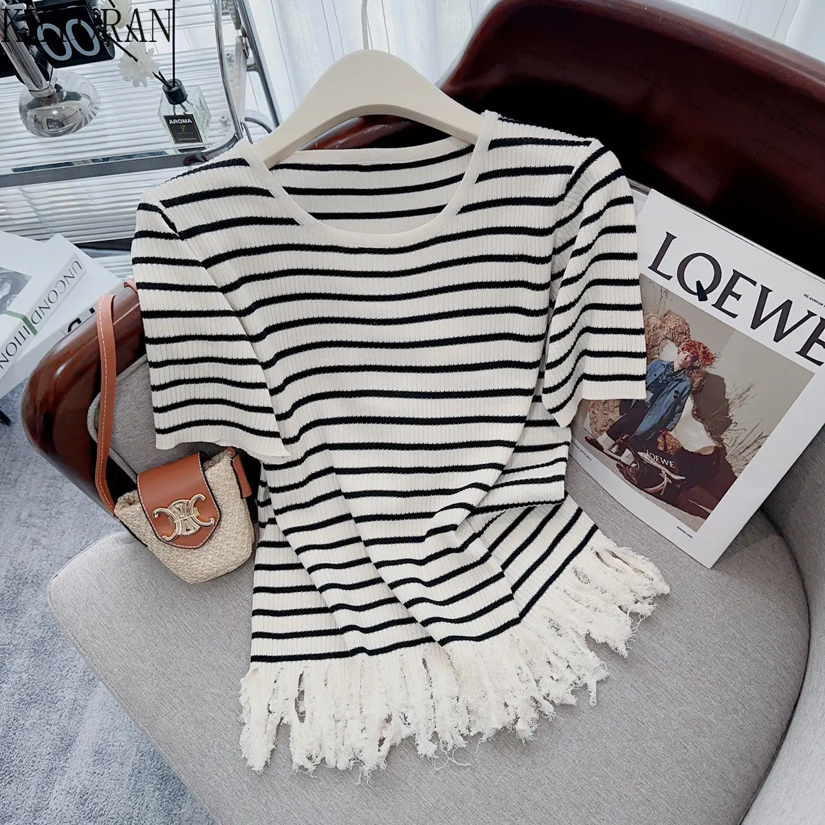 

Tassel Black White Striped Sweater Women's Knit T-shirt 2023 Summer New Korean Short Sleeve Round Neck Knitwear Crop Tops Jumper