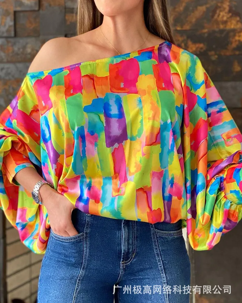

Women's 2022 New Summer Colorful Printed Casual Tops Ladies Loose Tops Sexy Off-the-shoulder Doll Sleeve Tops