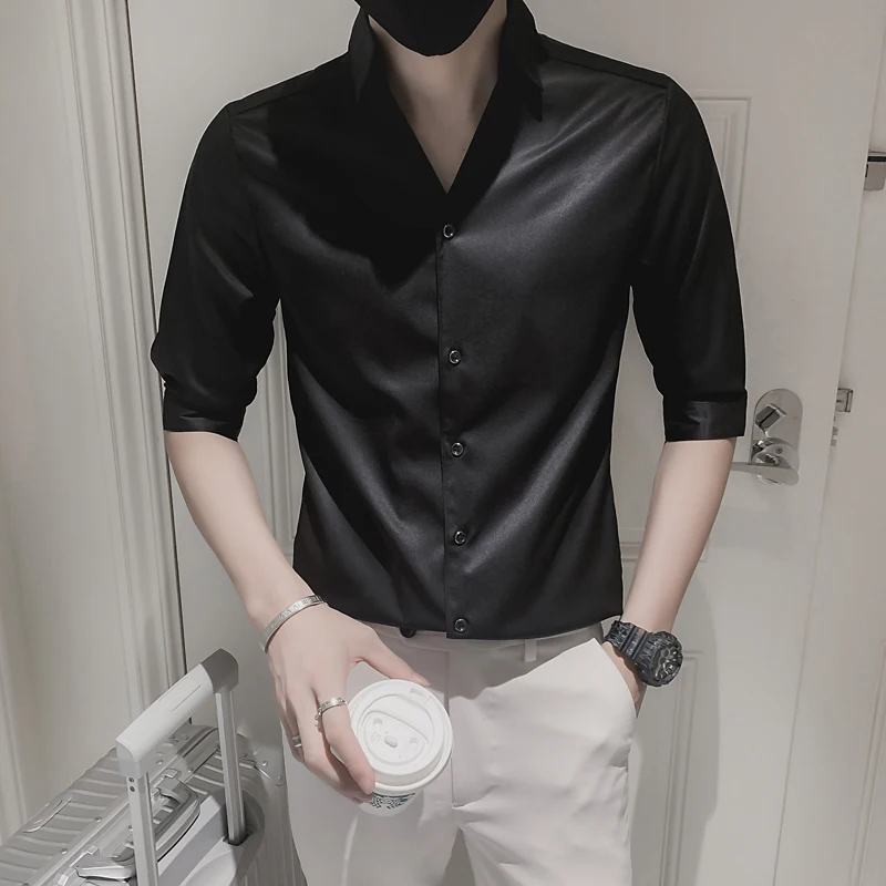 

Classic Solid Color Mens Slim Shirt Streetwear Turn Down Collar Half Sleeve Formal Shirts Men Summer Spring Tuxedo Chemise Homme