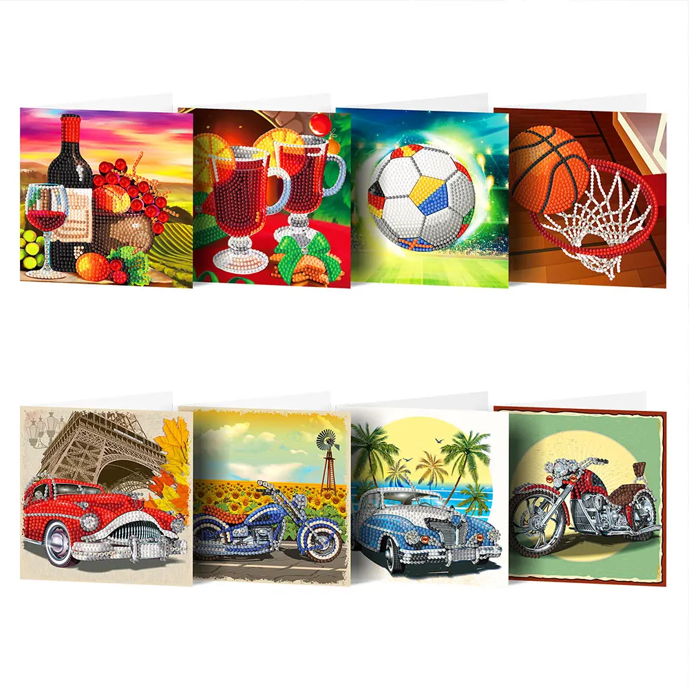 

8pcs 5D DIY Diamond Painting Greeting Cards with Envelopes Car Motorcycle Soccer Basketball Diamond Embroidery Cross Stitch