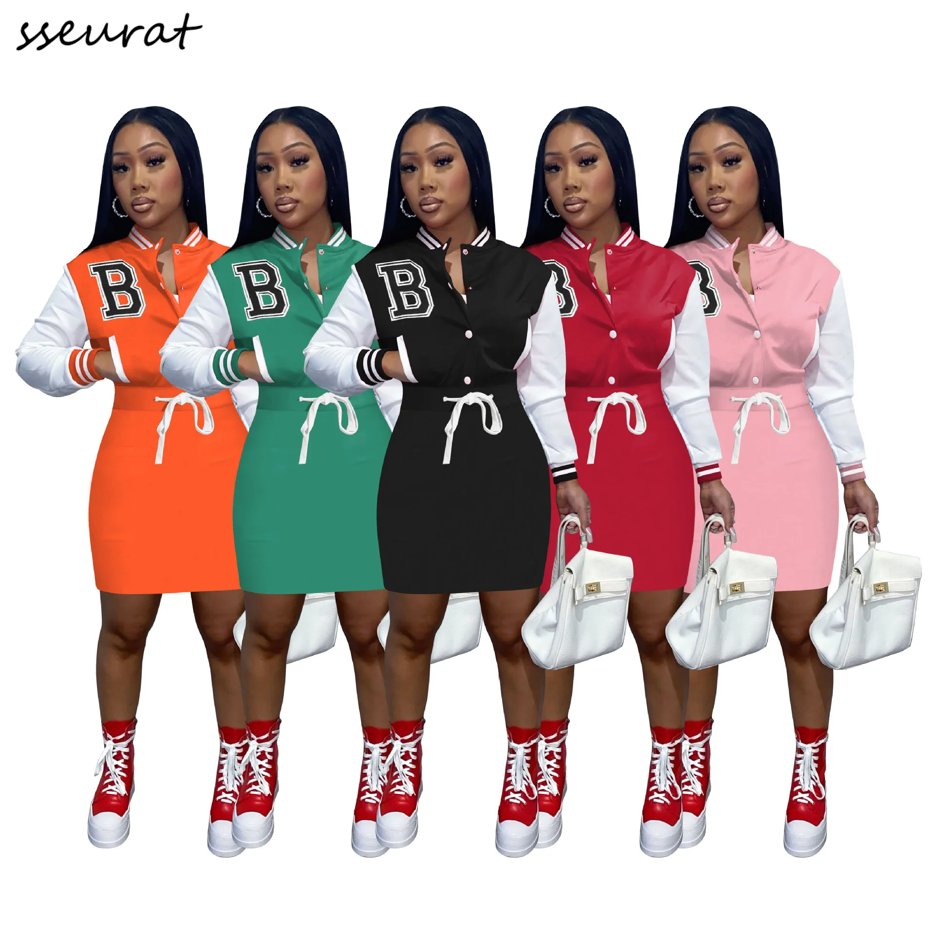 

Baseball Patchwork Single Breasted Long Sleeve Bodycon Midi Dress for Women 2022 Summer Workout Vestidos Dresses