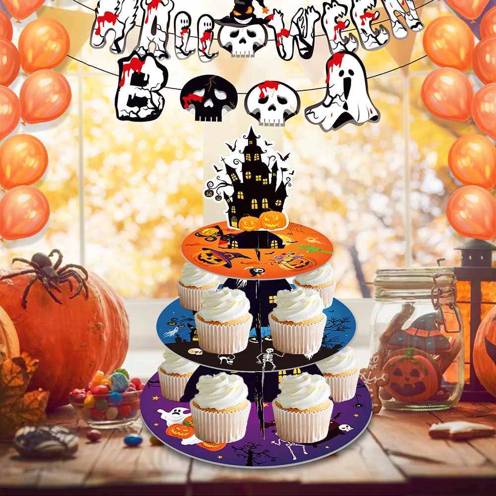 

3-layers Happy Halloween Party Ghost Witch Bat Theme Paper Cupcake Display Stand Cake Shown Platform All Saints Day Party Decors