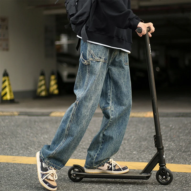 DEEPTOWN Classic Distressed Jeans Men Vintage Japanese Denim Straight Pants Black Blue Trousers Male Loose Casual Streetwear