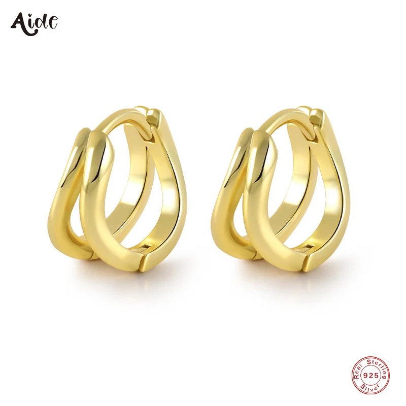 

Aide 925 Sterling Silver Double Circle Huggie Earrings For Women Gift Smooth 18K Gold Plated Twisted Wave Circles Hoop Earrings