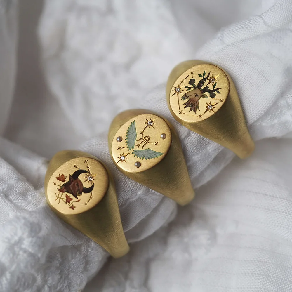 

12 Constellations Colorful Luxury Painting Skull Shell Rose Flower Snake Signet Stainless Steel Rings for Women Jewelry Gift