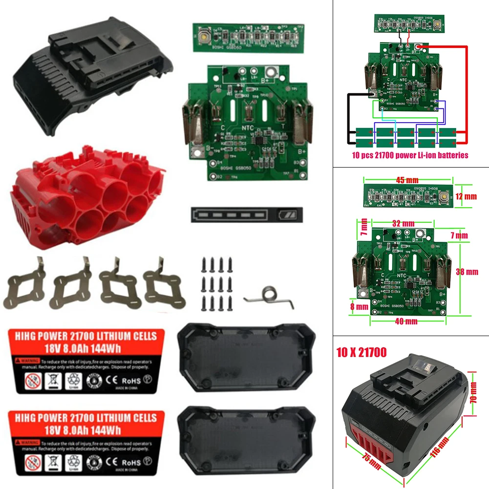 

Battery Adapter Converter BAT618 Li-Ion Battery Plastic Case Cover 10x21700 PCB Circuit Board For Bosch 18V