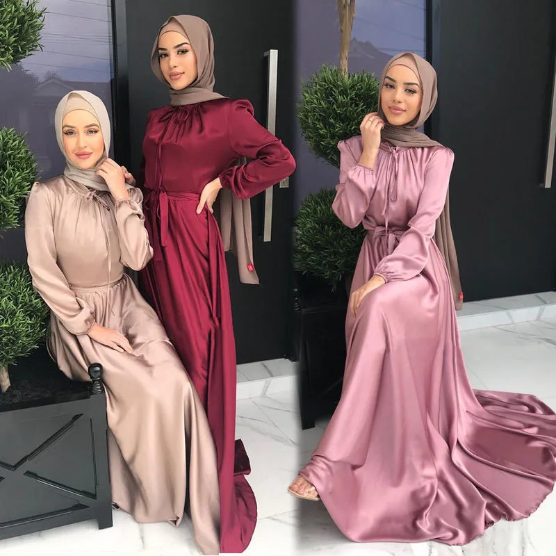 Muslim Fashion Satin Wrap Dress Ramadan Belted Abaya Dubai Turkey Arabic Long Sleeve Maxi Dresses Women Islam Clothing Robes