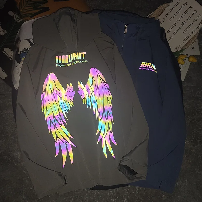 Ветровка мужская Светоотражающая с капюшоном куртка-бомбер разноцветным