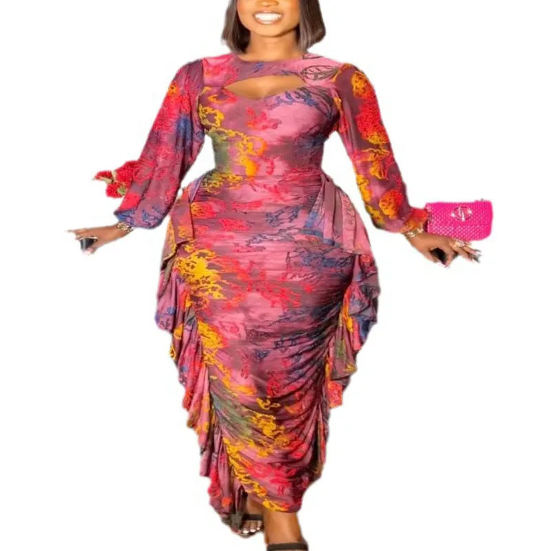 

African Women's Clothing Autumn Elegant African Long Sleeve O-neck Polyester Print Long Evening Dress Maxi Dress African Dresses