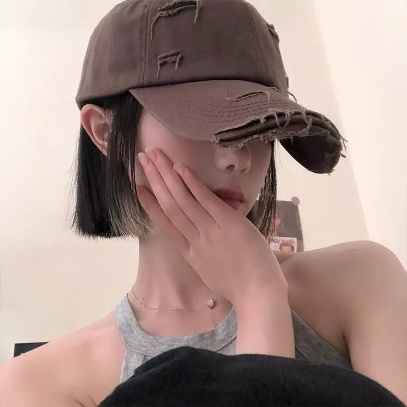 

Summer Ripped Brown Baseball Cap For Women 2023 Fashion Ripped White Peaked Cap Young Girls Visor Hat Charm Y2k New Arrival Kpop