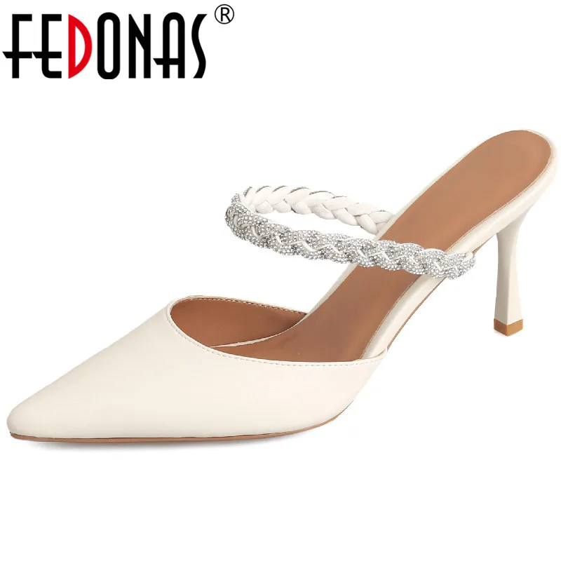 

FEDONAS Women Sandals Summer Elegant Fashion Thin Heels Slippers Point Toe Genuine Leather Shoes Woman Mules Party Wedding Prom