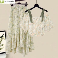 large size spring and summer womens suit 2022 new korean fashion slim and fresh short sleeve floral skirt two piece skirt suit