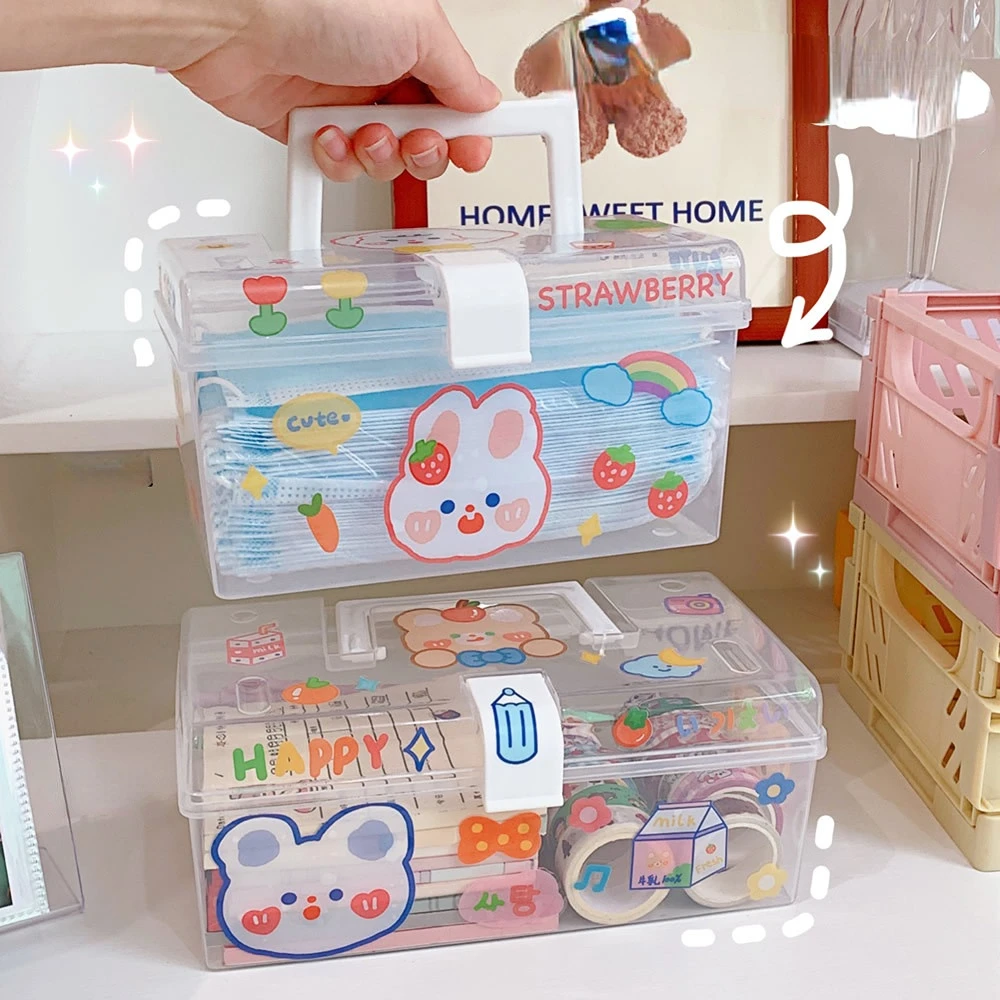 Portable Transparent Plastic Box With Cover Student Dormitory Desktop Stationery Tape Storage Box Cosmetic Finishing Box