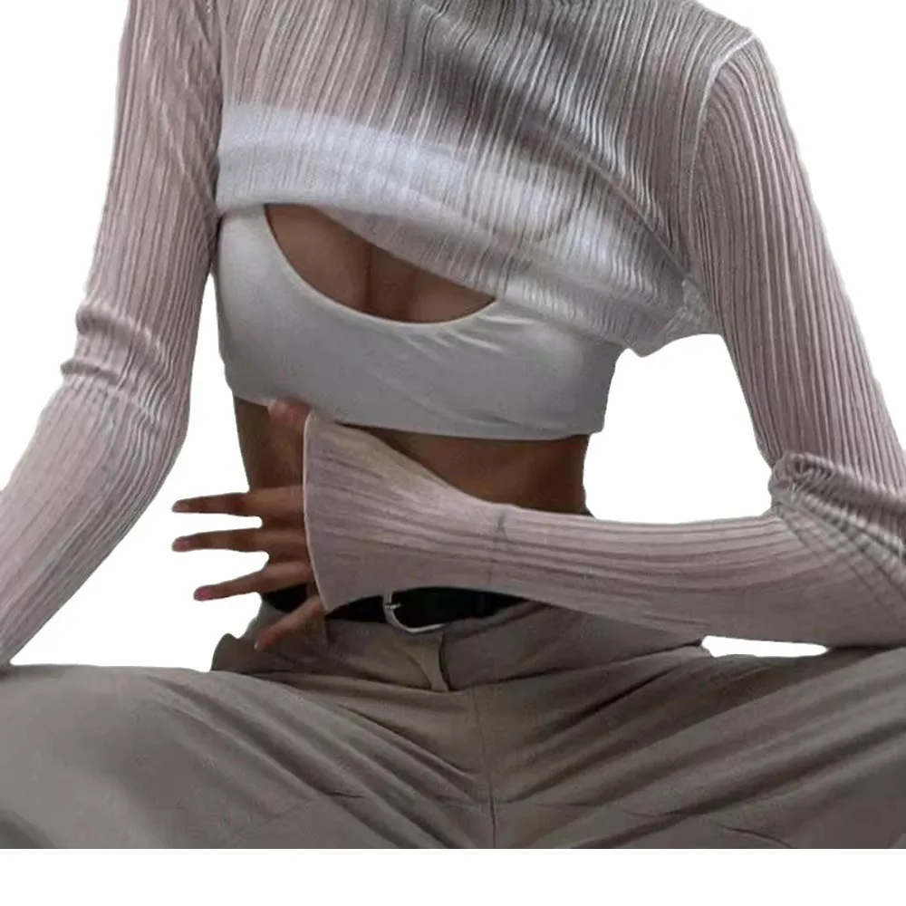 Повседневная футболка женская осенняя новая сетчатая с длинным рукавом женский