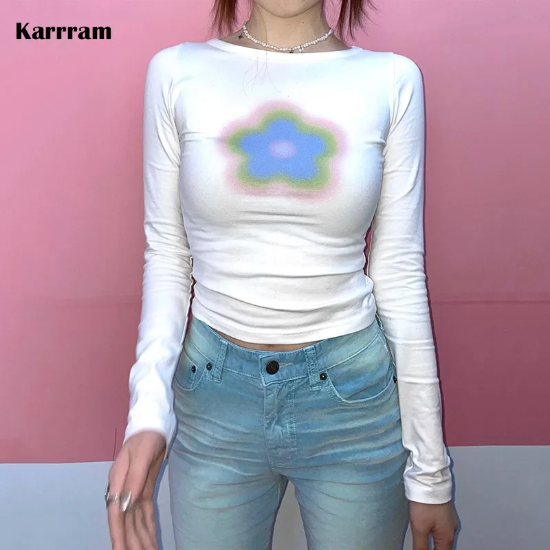 

Karrram 2000s Harajuku футболки Гранж Fairycore принт укороченные топы корейская мода сексуальная тонкая футболка Kawaii Y2k эстетичные Топы