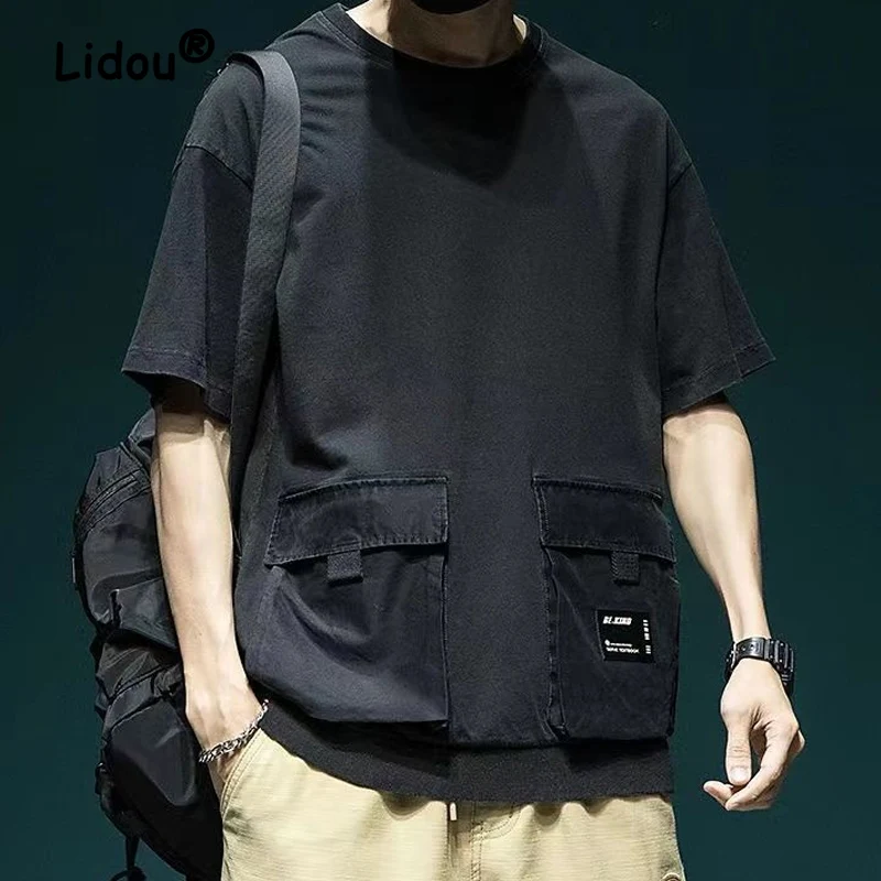 

Trend Tooling Design Sense Double Pocket Black T-shirt Man New Summer High Quality Short Sleeve Round Neck Loose Fashion Top