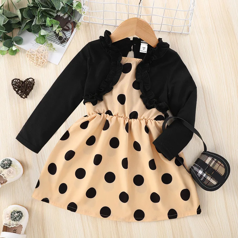 

Winter 2022 New Arrivals Girls Cute Dresses Long Sleeve Dot Patchwork Ruffles Black Cute Sweet Baby Dress Vestidos 4-7T