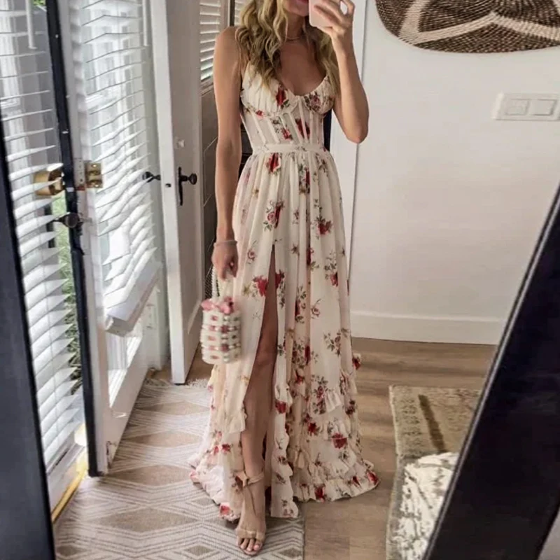 

Ellafads Women Maxi Dress Chic Summer Luxury Printed V Neck Slim Nipped Waist Backless Slit Ruffled Irregular Party Dresses