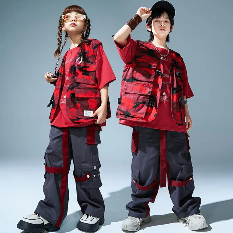 

Детский Камуфляжный жилет и брюки-карго в стиле хип-хоп, уличная одежда для девочек и мальчиков, уличные танцевальные джоггеры, Детские джазовые костюмы, модные комплекты одежды