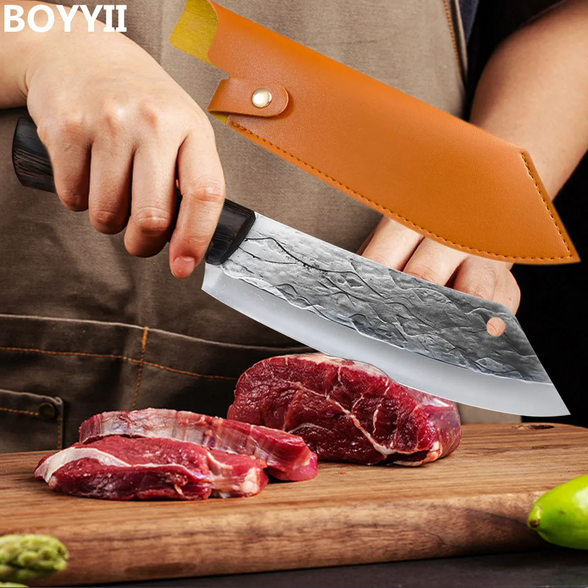 

8" Forged Meat Cleaver Kitchen Chef Knife Stainless Steel Fish Vegetables Slicing Professional Butcher Knife with Scabbard Case