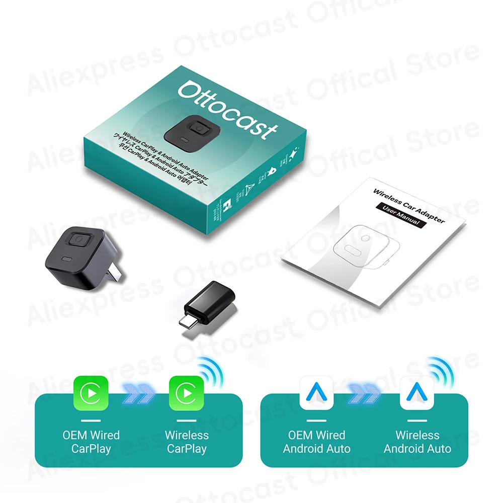 

OTTOCAST Mini Dot Cube Беспроводной адаптер CarPlay Android Auto 2 в 1 USB AI Автомобильные аксессуары для Totoya VW Benz Chevrolet Hyundai