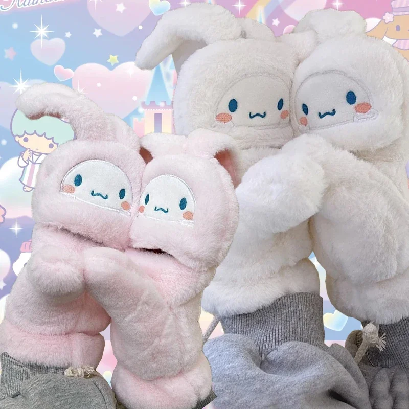 

Kawaii Sanrios Cinnamoroll Plush Gloves Cold-proof Flip-top Fingerless Gloves Furry Half Finger Gloves Lovely Warm Soft Thick