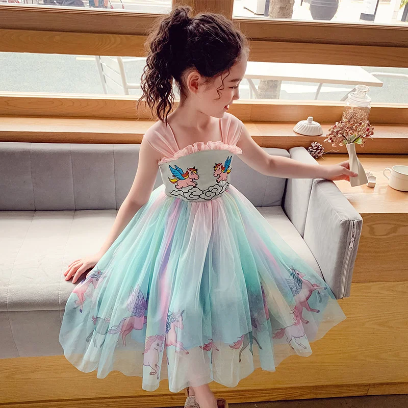 

summer short sleeve kids princess dress for girl fairy skirt cheap costume rainbow Chiffon Hanfu suspender