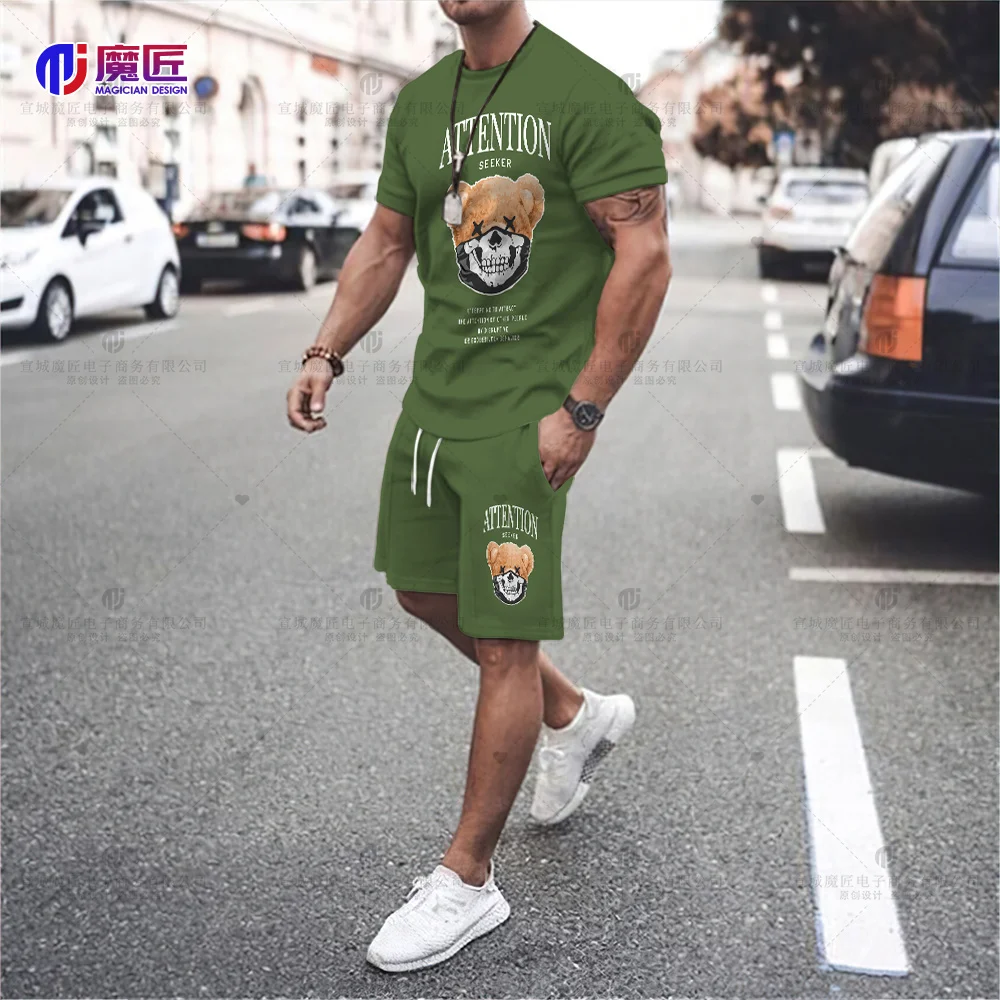 2023 Funny Teddy Bear T-Shirt Cool Robot Graphic Tops Harajuku Cartoon Street Men's Casual Fashion Shorts Set Roupas Men