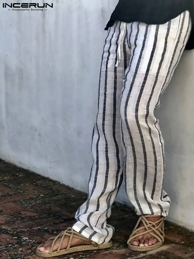 

INCERUN Men Striped Pants Drawstring Joggers Loose Streetwear 2022 Casual Straight Trousers Men Vintage Leisure Pantalon S-5XL