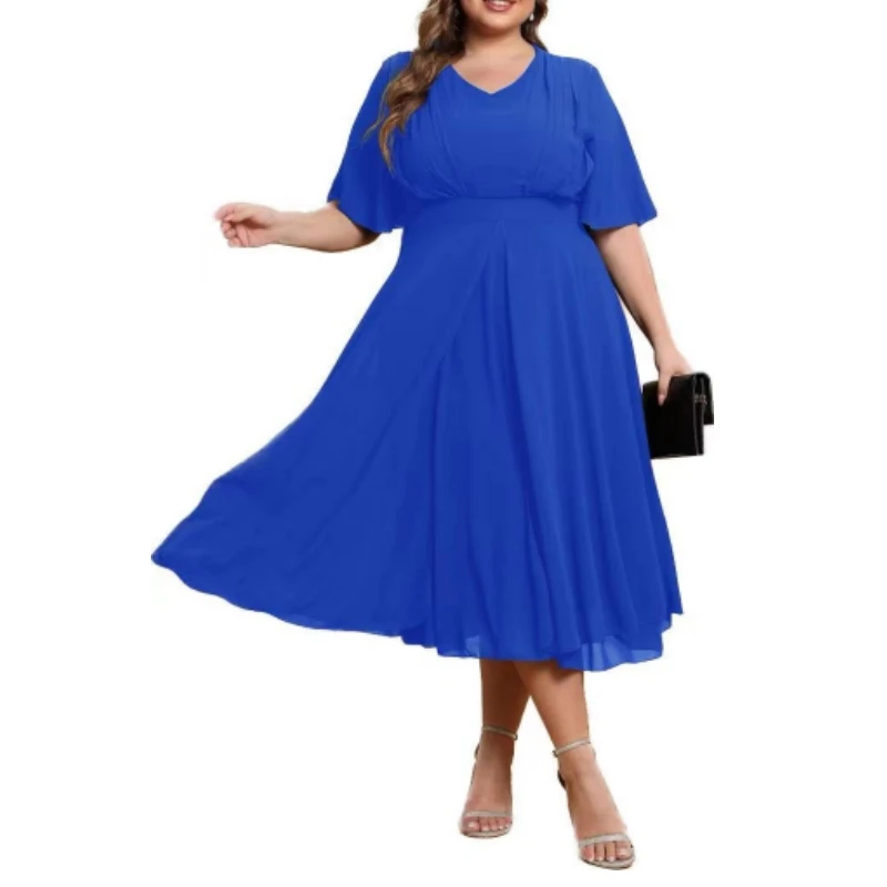 

Fashion Long Dresses Plus Size Women Summer Solid Color V Neck Vacation High Waist Casual Party Sweet Midi A-Line Sundress
