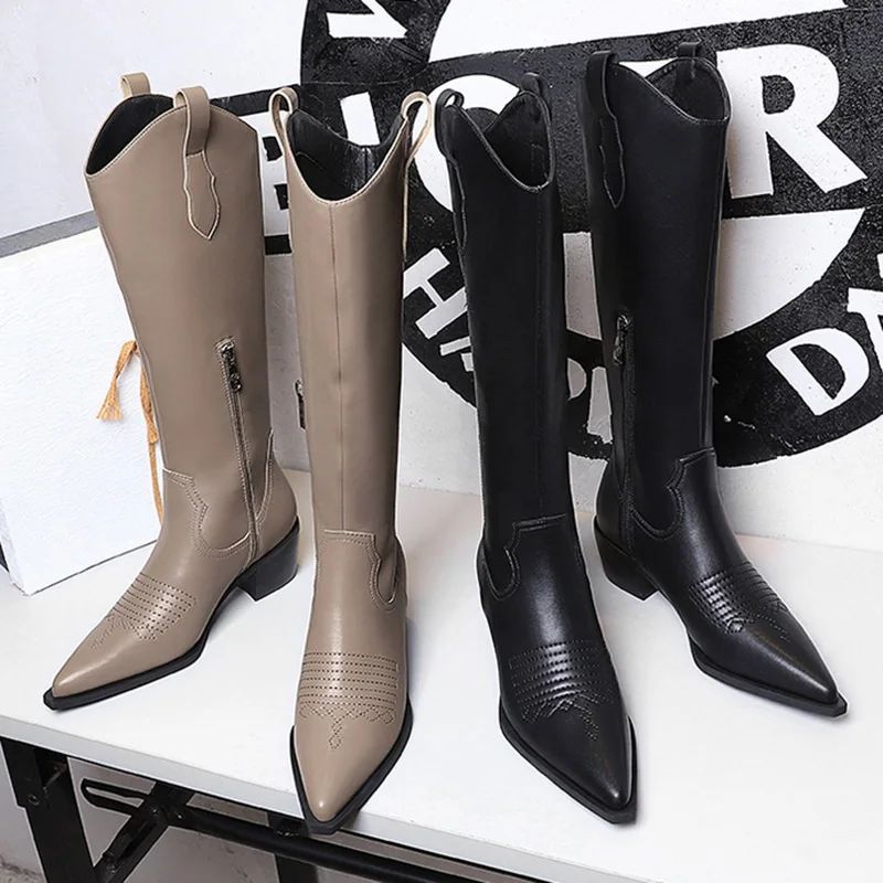 

Western Style Block Heel High Heel Pointed Toe Retro Style Riding Boots Winter New PU Leather Slip-On Ladies Knee-High Boots