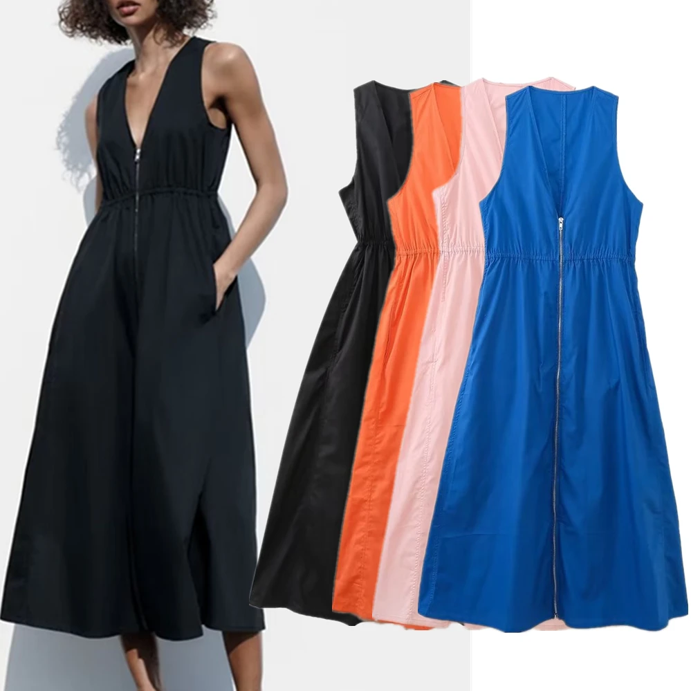 

Elmsk Fashion Ladies Summer Sleeveless Dress Solid Color Simple Zipper Casual Style Midi Dress Women
