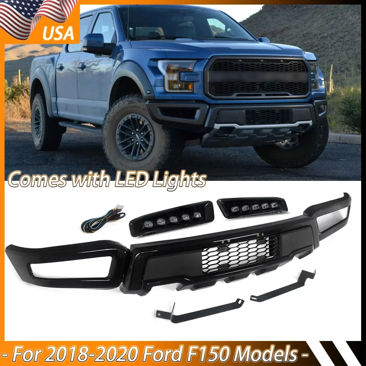 

Steel Front Bumper Assembly For Ford 2018-2020 F-150 Black Raptor Style w/ LED