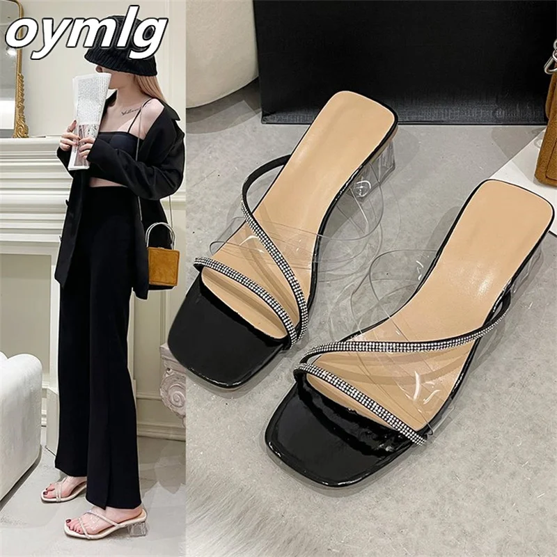 

Slippers women's summer 2022 new rhinestone high heels women's all-match mid-heel transparent sandals and slippers women