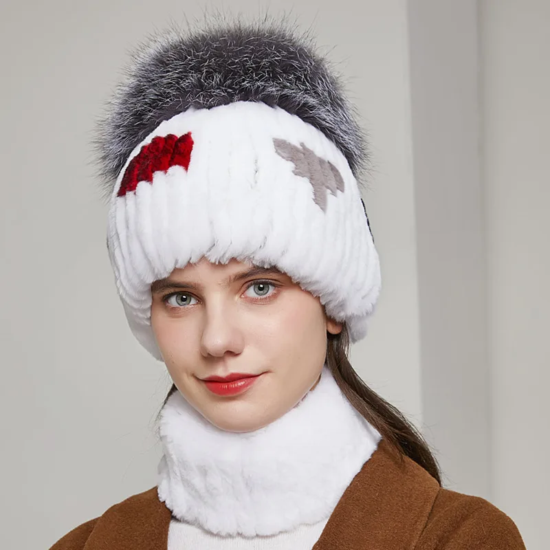Hot Selling Rex Rabbit Wool Weaver Women Real Fur Hat Fox Fur Warm Thick Autumn Winter Adult Knitted Hat Bib Suit Windproof Cap