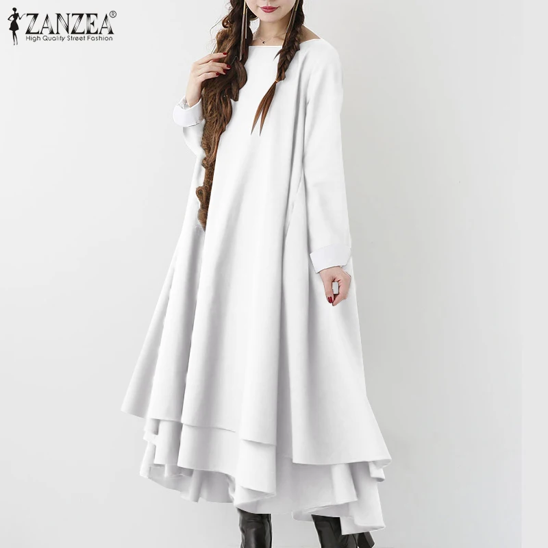 

Элегантное лоскутное платье ZANZEA с оборками, женское однотонное платье макси, весна 2022, офисные белые платья, праздничное асимметричное длин...