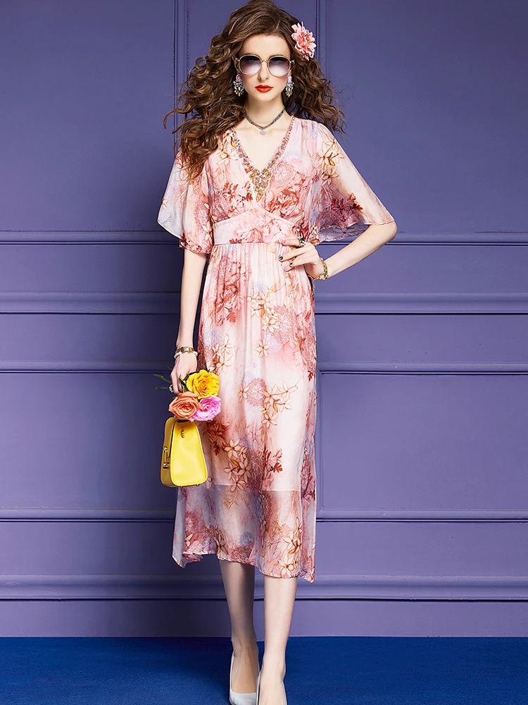 

Summer Women's Beading Chiffon Dress Print Elegant Vestidos Short Sleeve V Neck Chiffon Midi Holiday Beach Robe Femme Plus Size