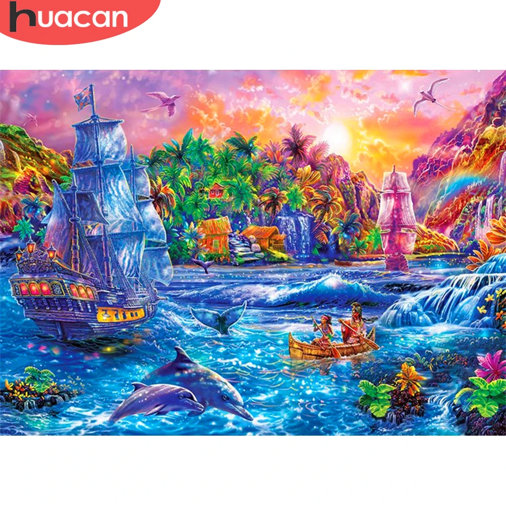 

HUACAN Oil Painting Seaside Scenery Handpainted DIY Frame Picture By Number Boat Landscape Drawing On Canvas Decoration