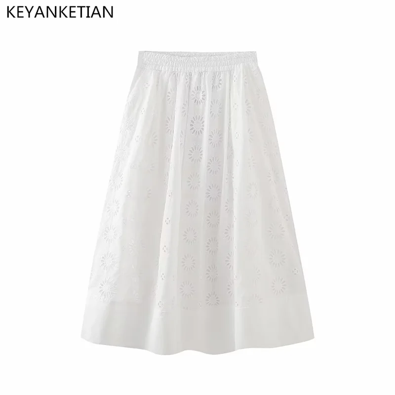 

KEYANKETIAN Summer New Hollowed-Out Embroidery Skirt Women Boho Chic Elastic High-Waisted A-Line Ankle-Length Skirt White