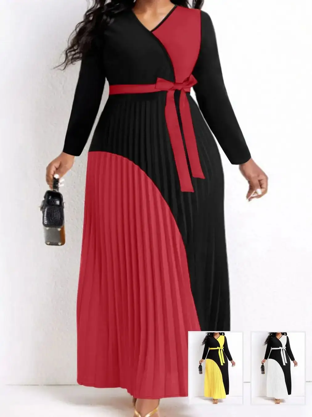 

LW Elegant Fall Maxi Dresses Bandage Nipped Waist Tiered Pleated A Line Dress Belted Long Sleeve V Neck Flowy Patchwork Vestidos