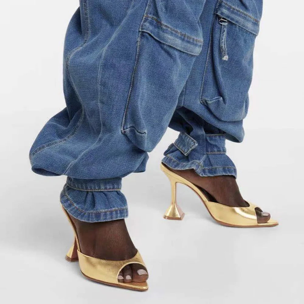 

2022 New Pointed Fish Mouth Sandals Fashionable Women's Shoes Wine Glasses and Gold Slippers