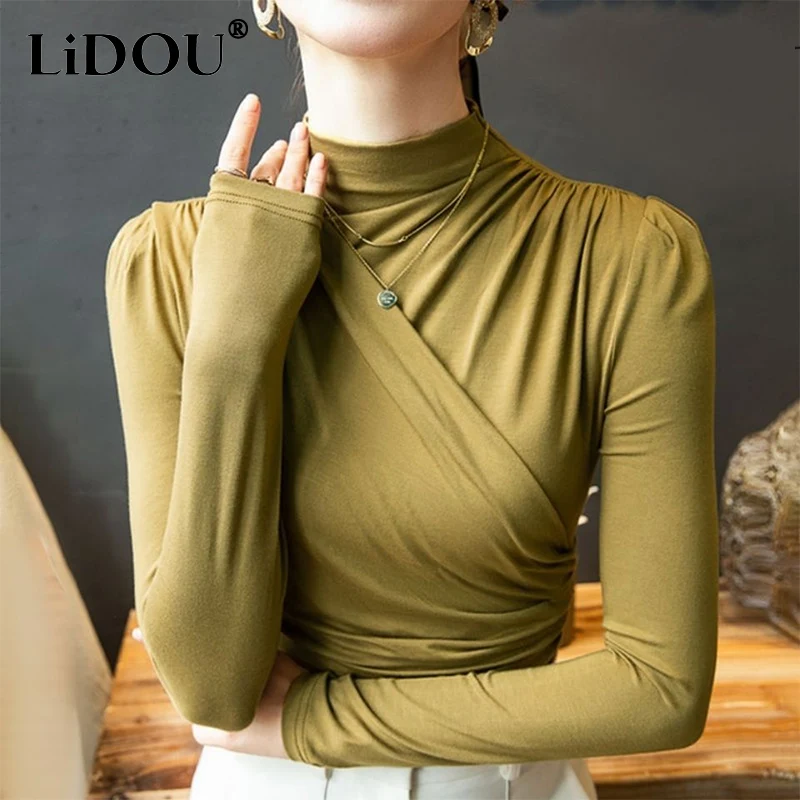 

2022 Autumn Winter High Neck Solid Folds Cross Long Sleeve Bottoming T-shirt Ladies Casual Fashion All-match Pullover Tee Top
