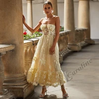 caroline cream yellow strapless evening dress flower appliques a line tulle illusion ankle length prom gowns party custom made