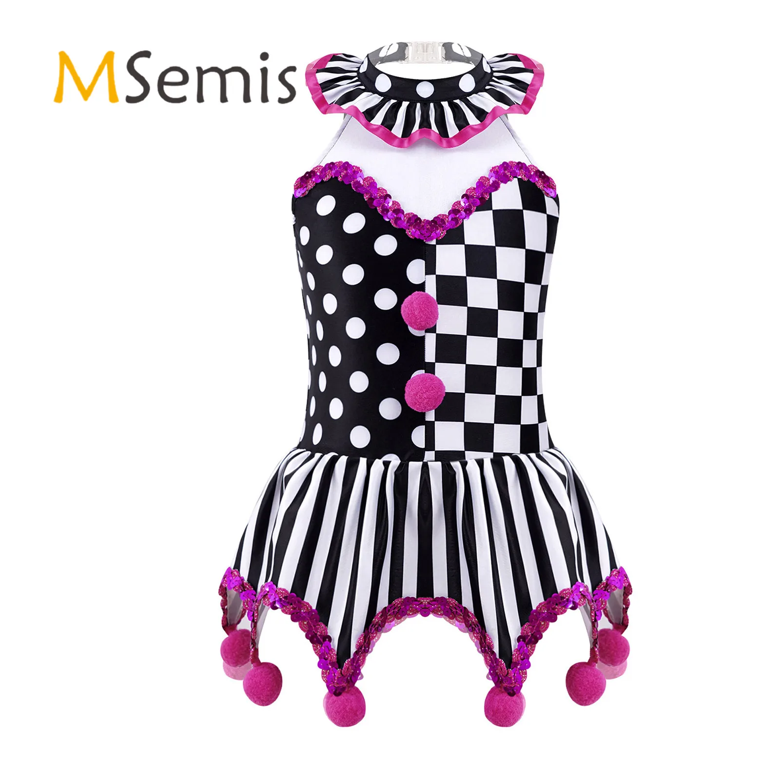 

Kids Girls Circus Clown Cosplay Costume Halter Neck Plaid Polka Dots Stripes Print Sequins Pompoms Adorned Irregular Hem Dress